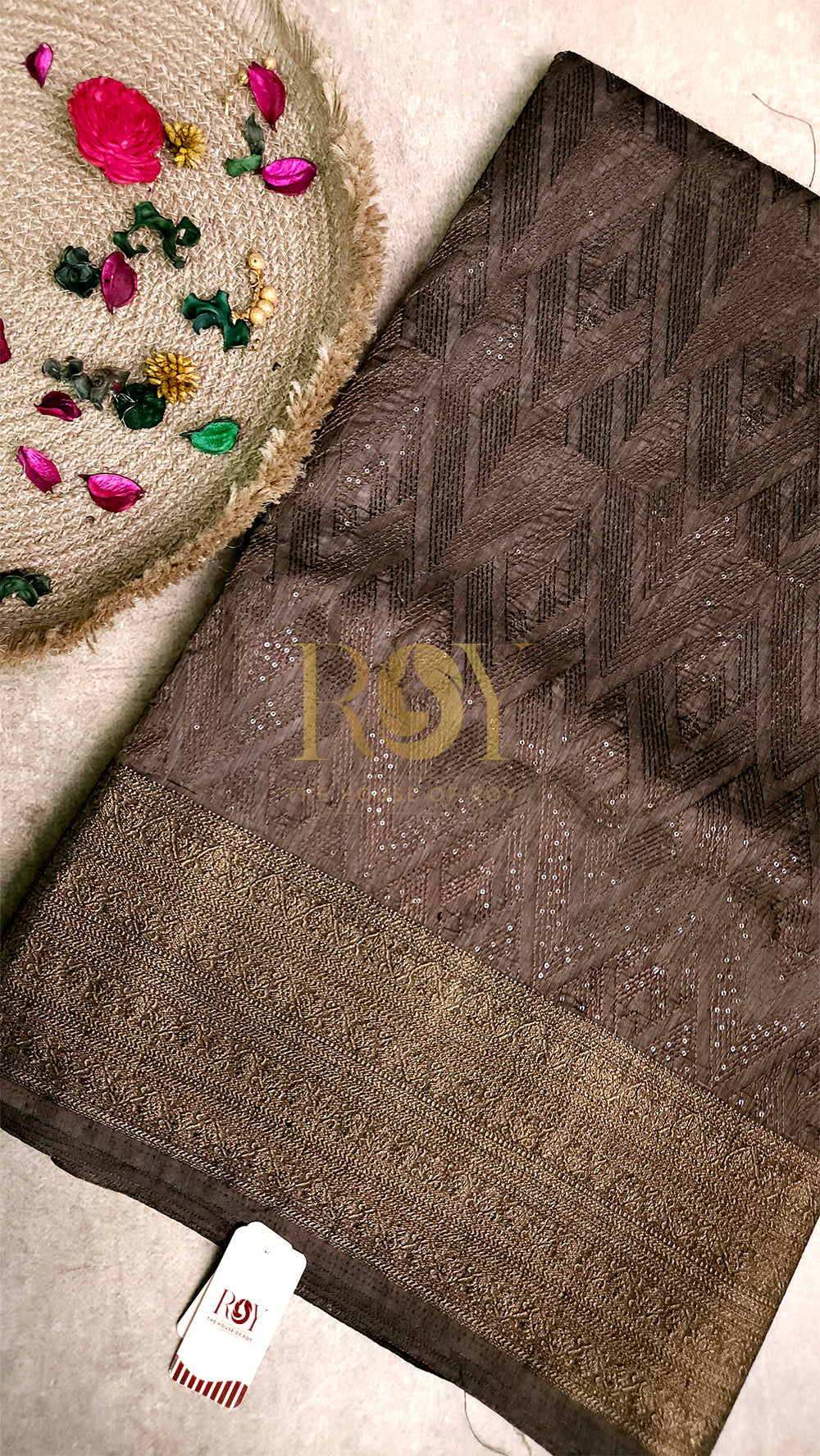 Jute Chandheri saree with intricate thread pattern