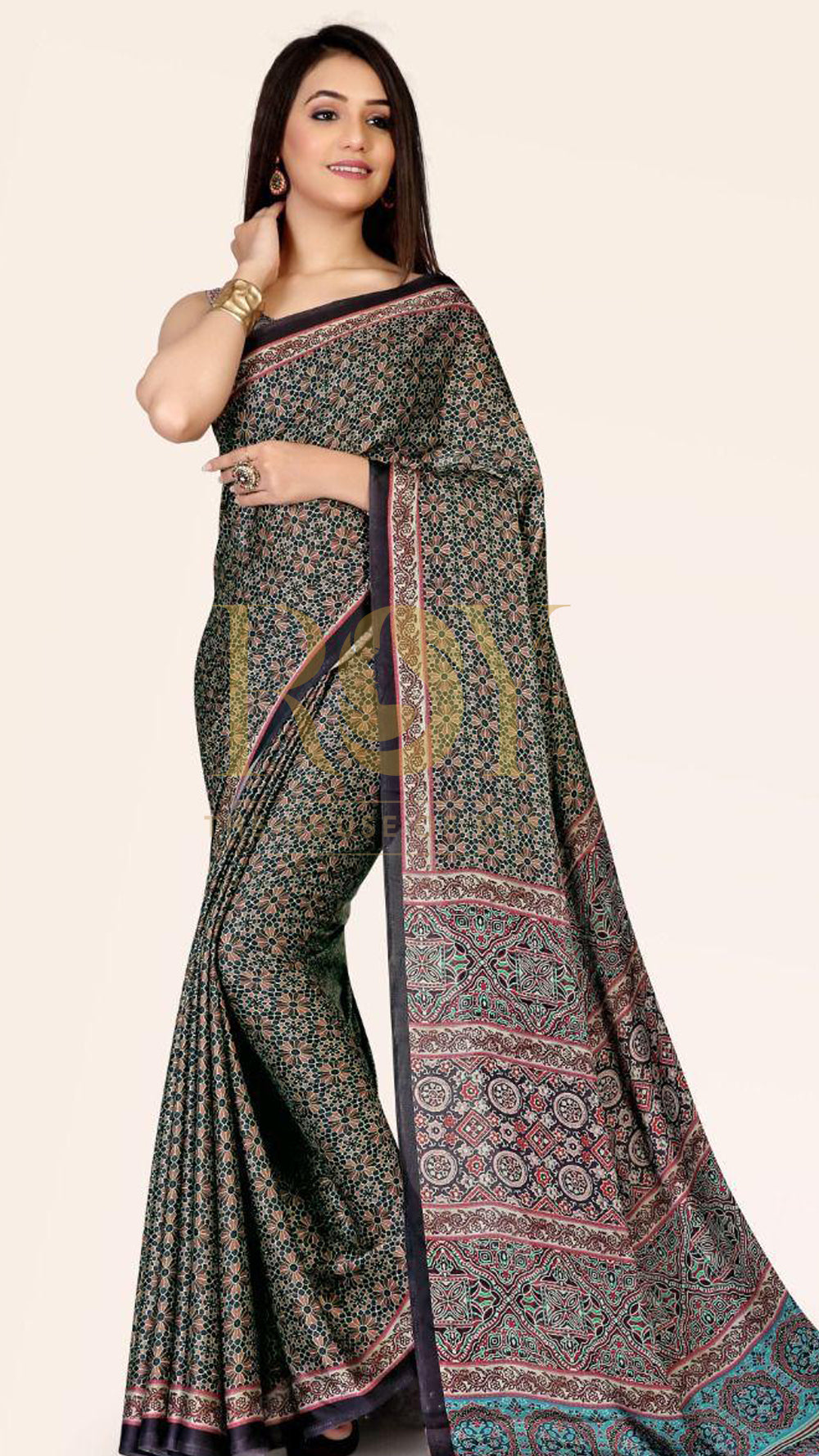 Ajrakh printed modal viscose saree