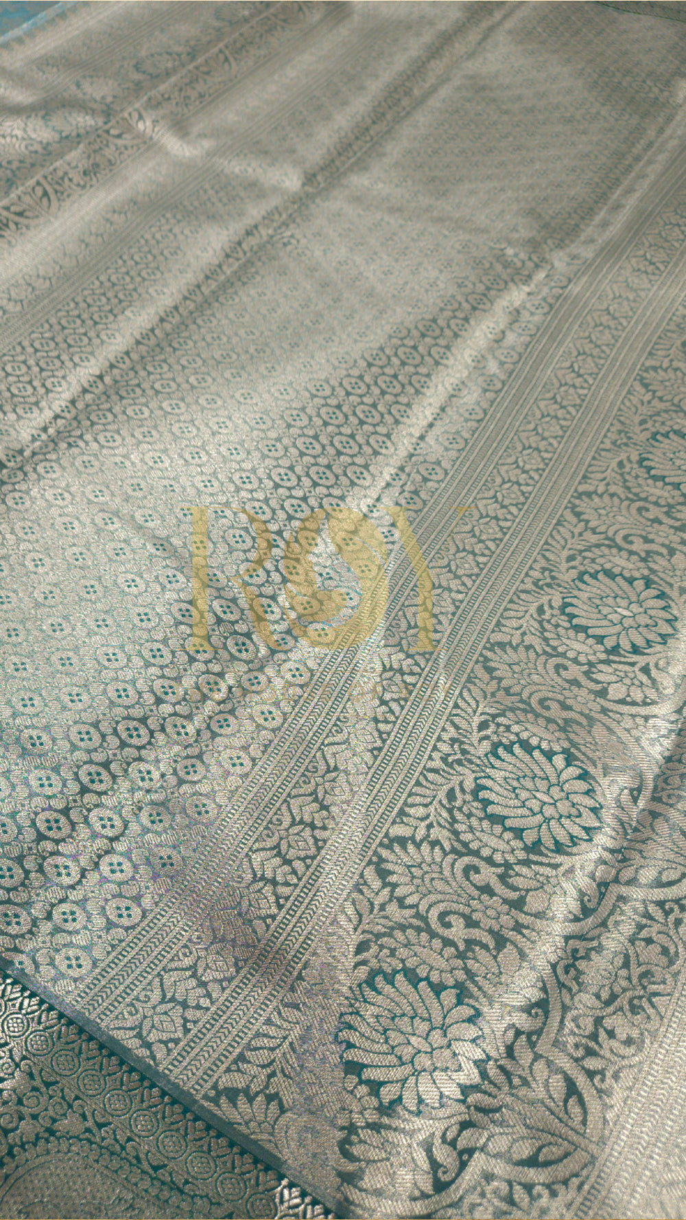 Aquamarine blue silver jari tissue jacquard