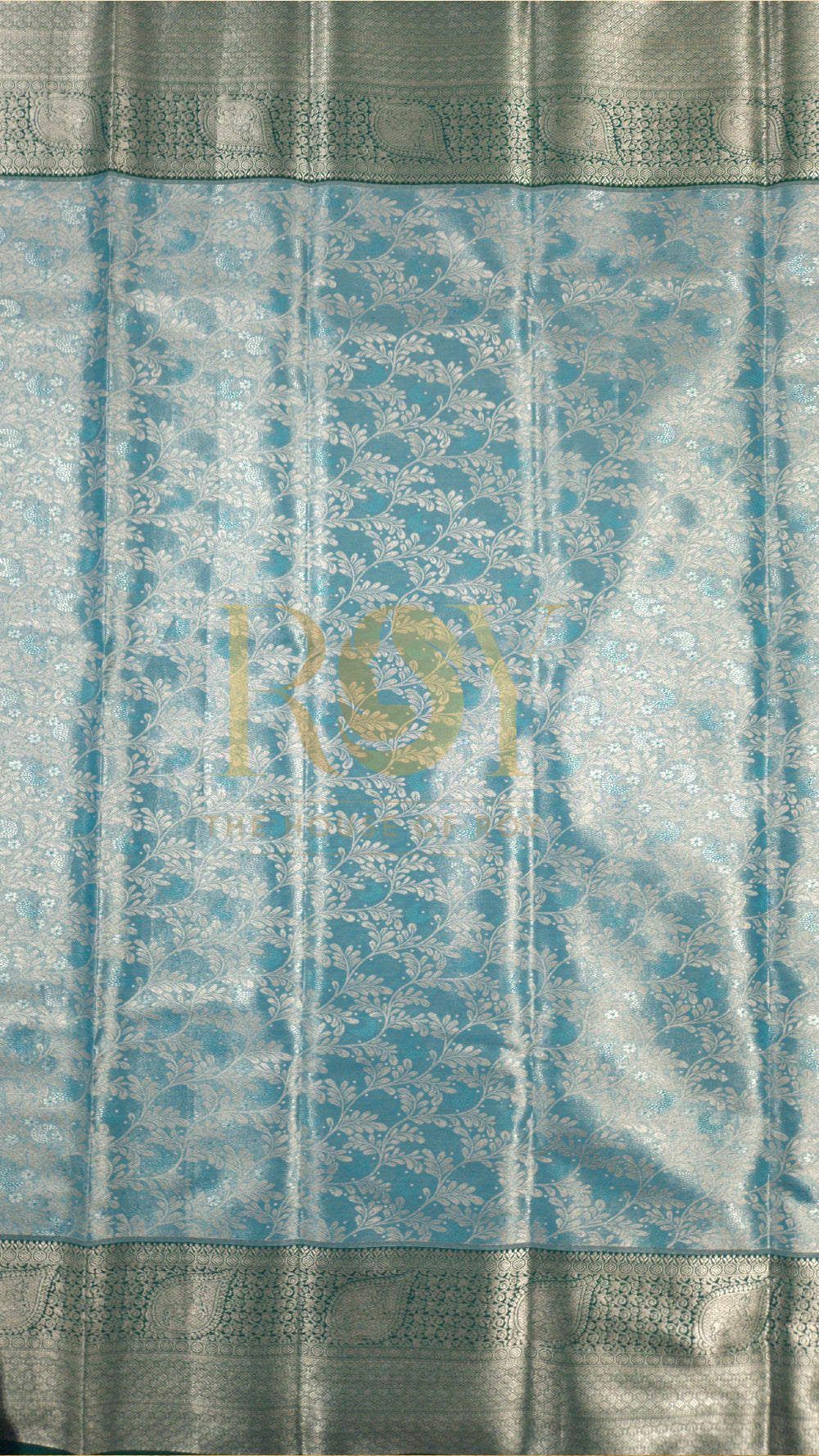 Aquamarine blue silver jari tissue jacquard