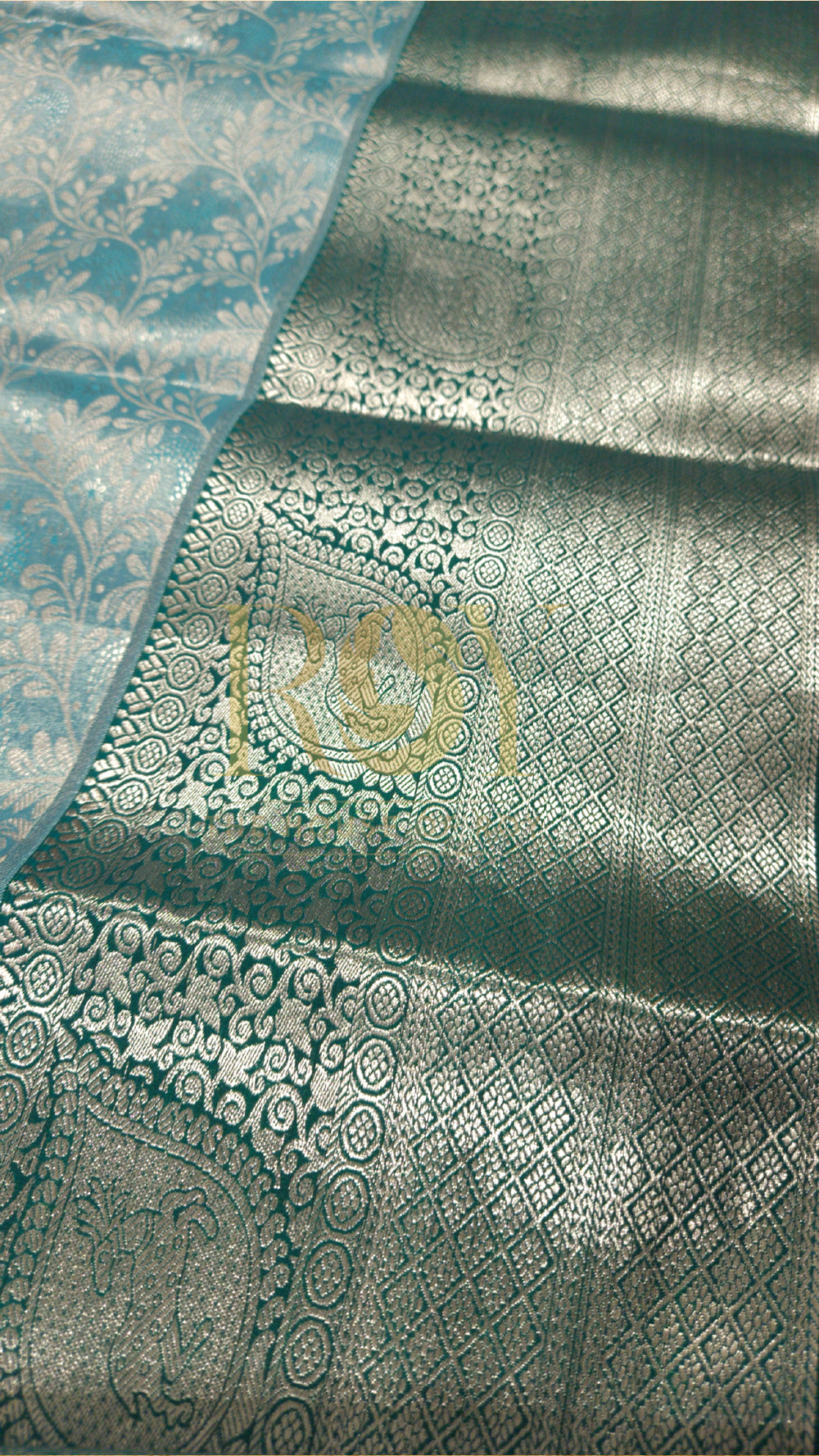 Aquamarine blue silver jari tissue jacquard