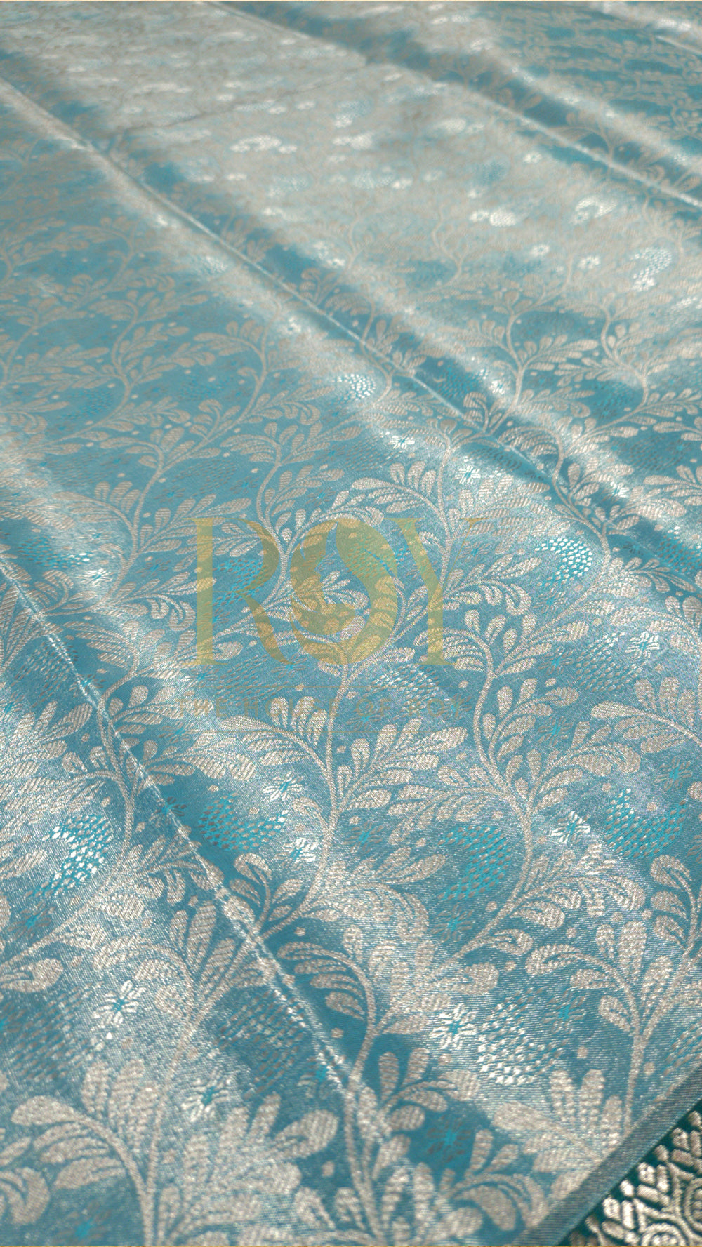 Aquamarine blue silver jari tissue jacquard