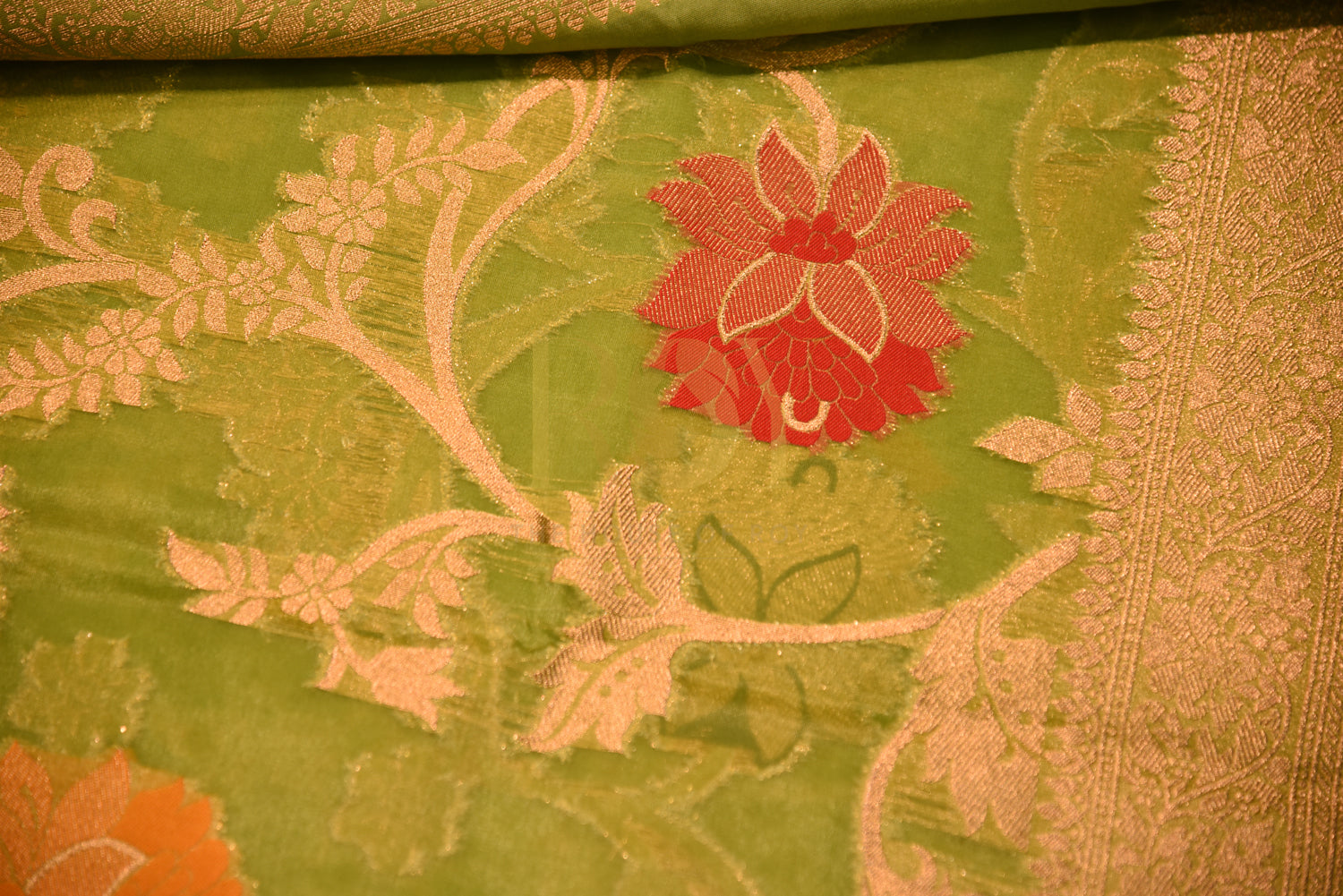 Banarasi kora silk Flu Green