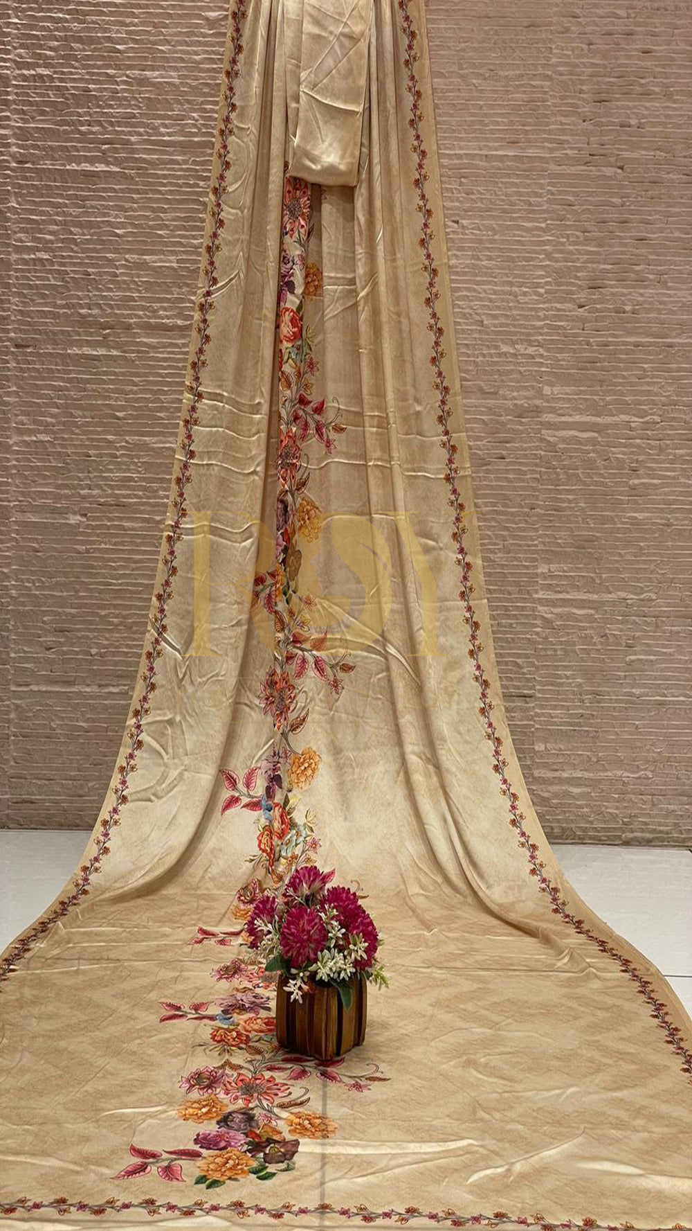 Beige floral modal viscose saree