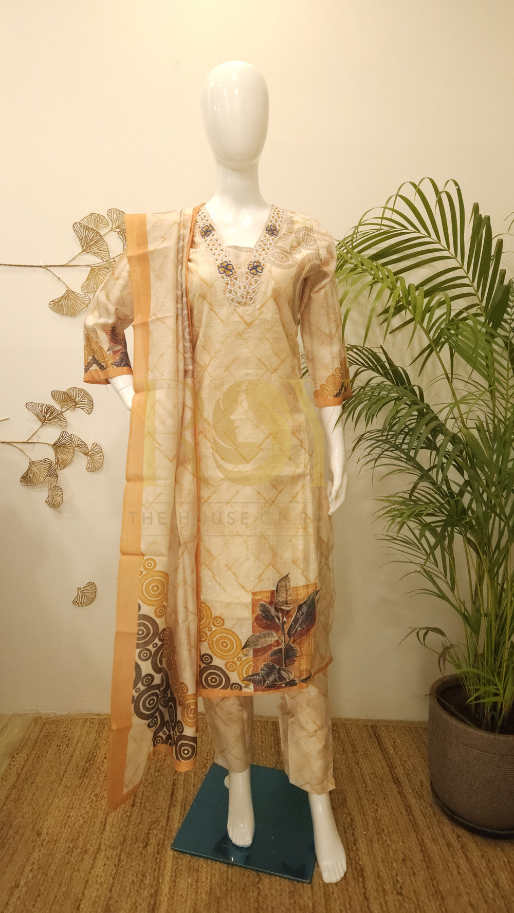 Beige printed chudithar set