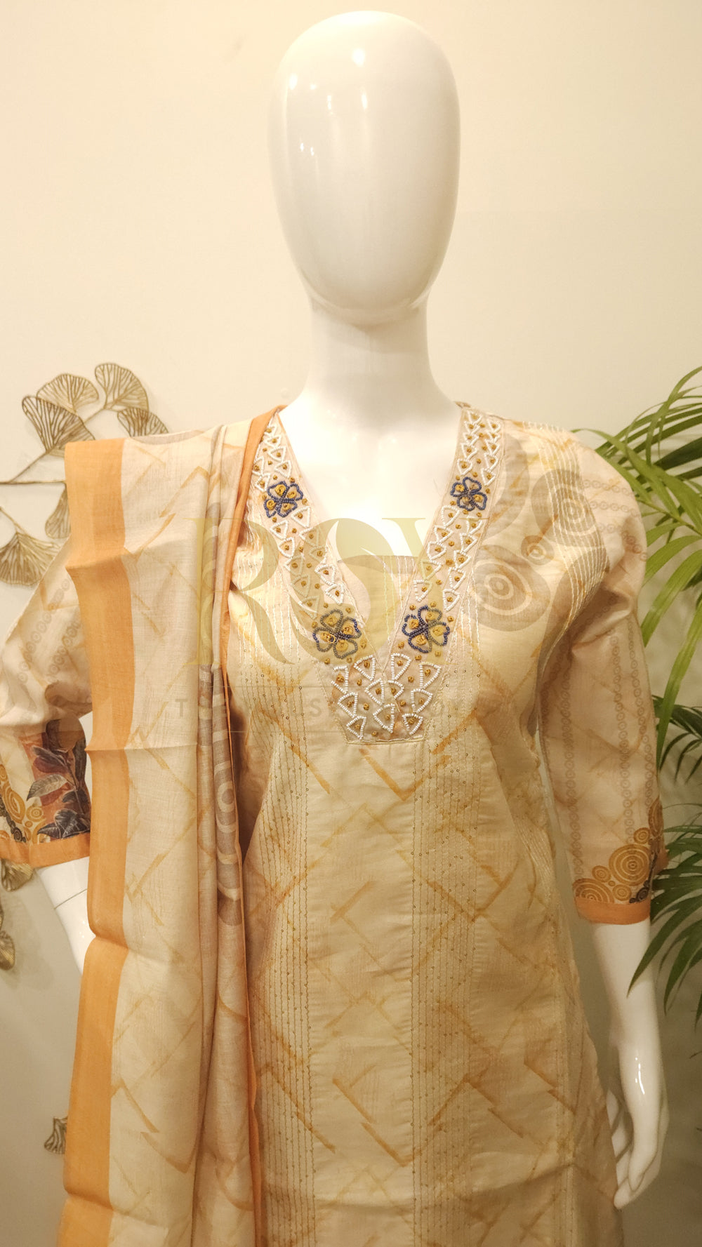 Beige printed chudithar set