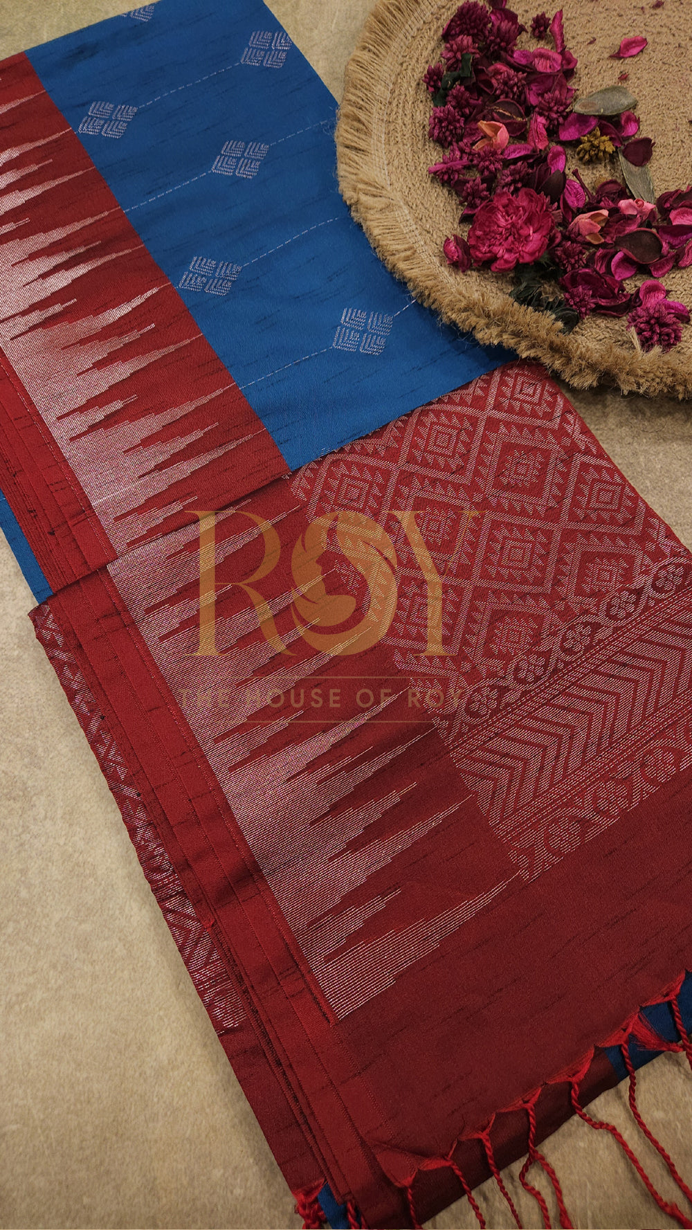 Blue with kum kum red silver zari slub silk