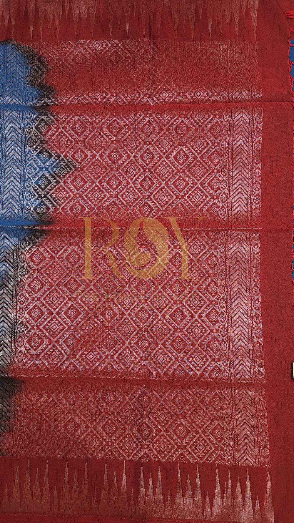 Blue with kum kum red silver zari slub silk