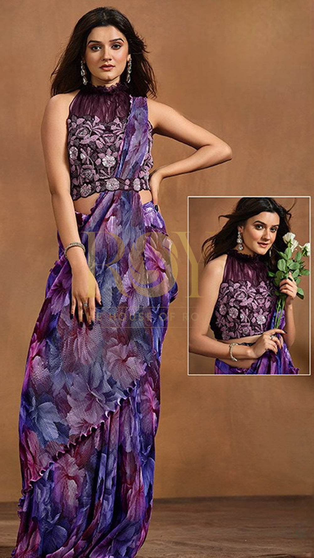 Purple floral orchid pre-draped designer saree