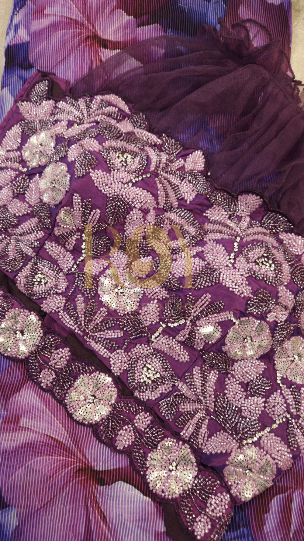 Purple floral orchid pre-draped designer saree