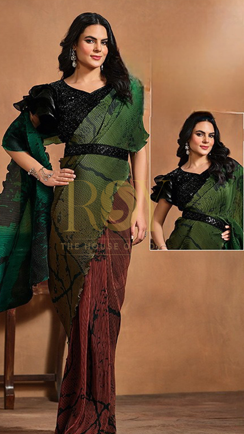 Earthen pre-draped designer saree