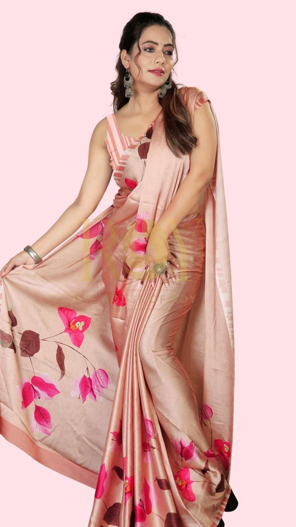 Floral peach modal viscose saree