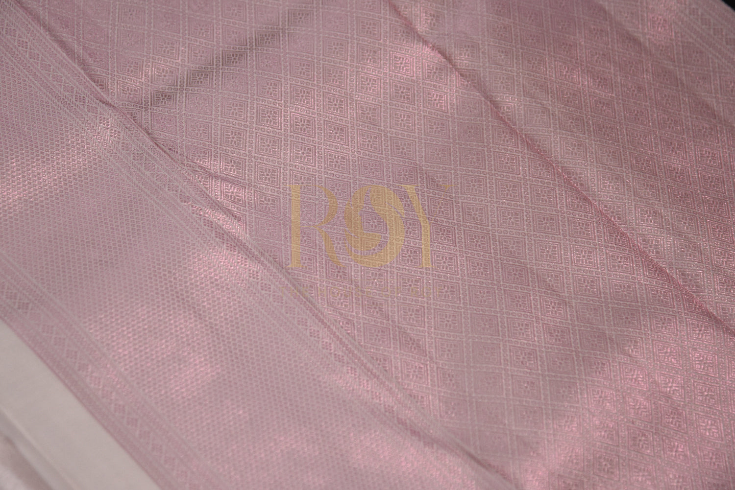 Ivory & Baby Pink Pure Kanchipuram Silk Saree with Zari Floral Jaal - Elegance Personified