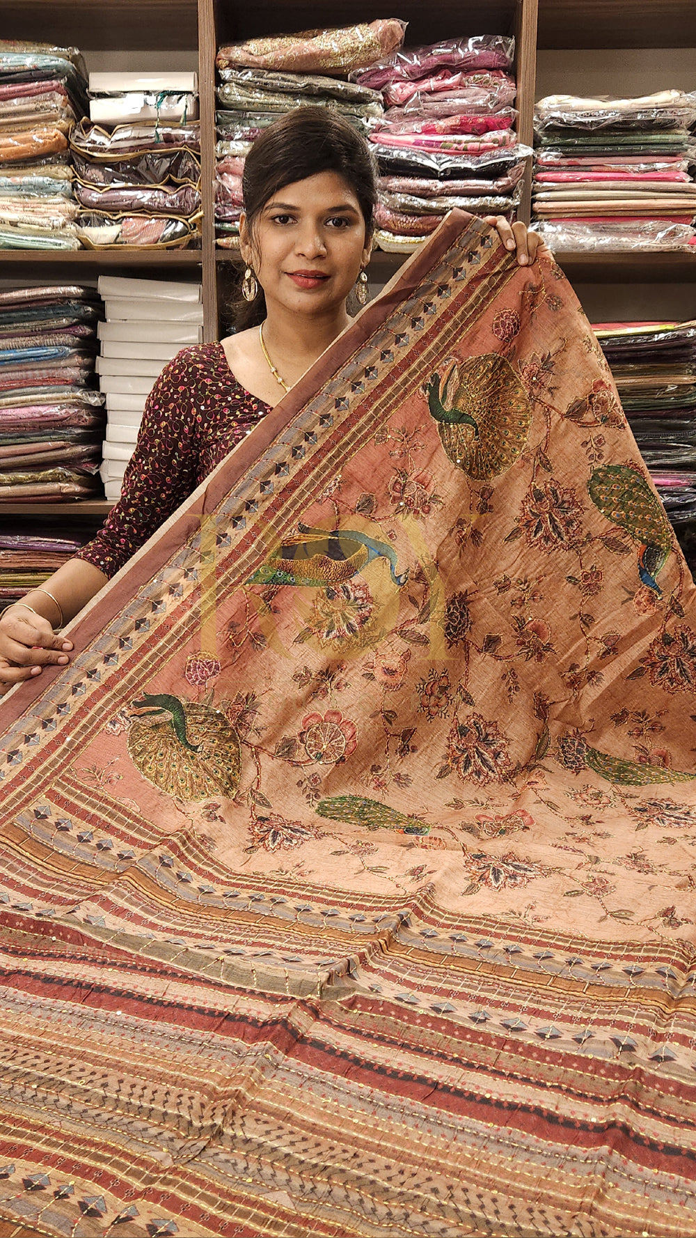 Katha Embroidery peacock saree