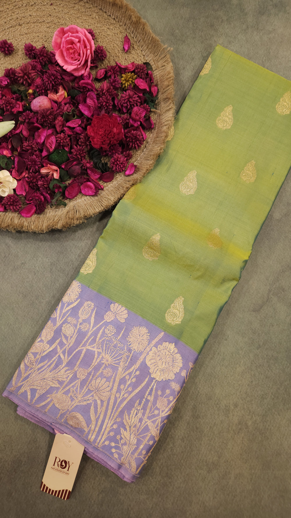 Light green pure silk saree with copper jari butta