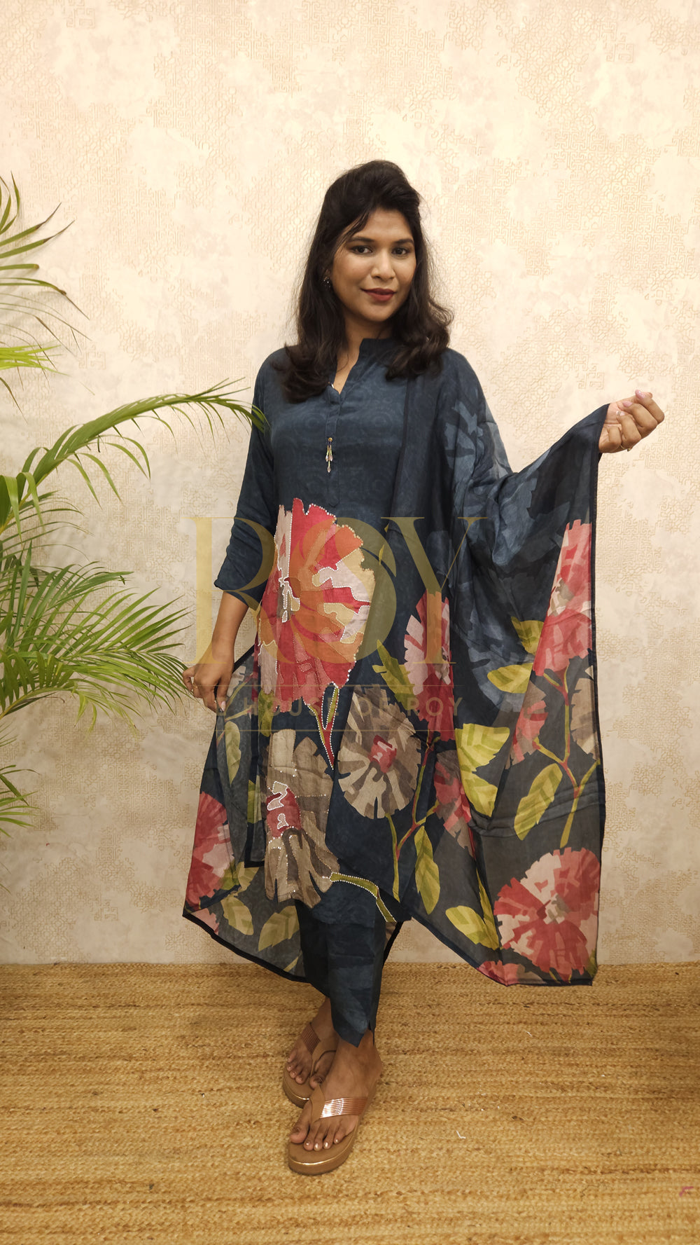 Navy blue digital print chudi set