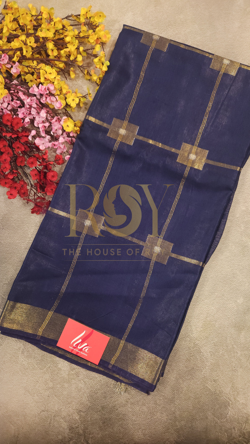 Navy blue check Liva cotton Saree