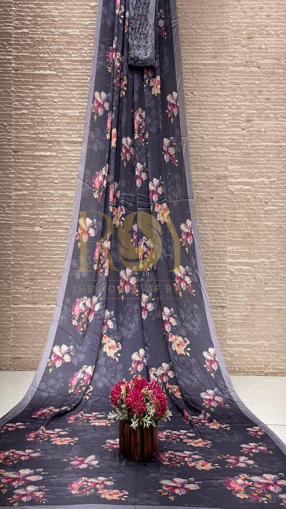 Navy blue floral modal viscose saree