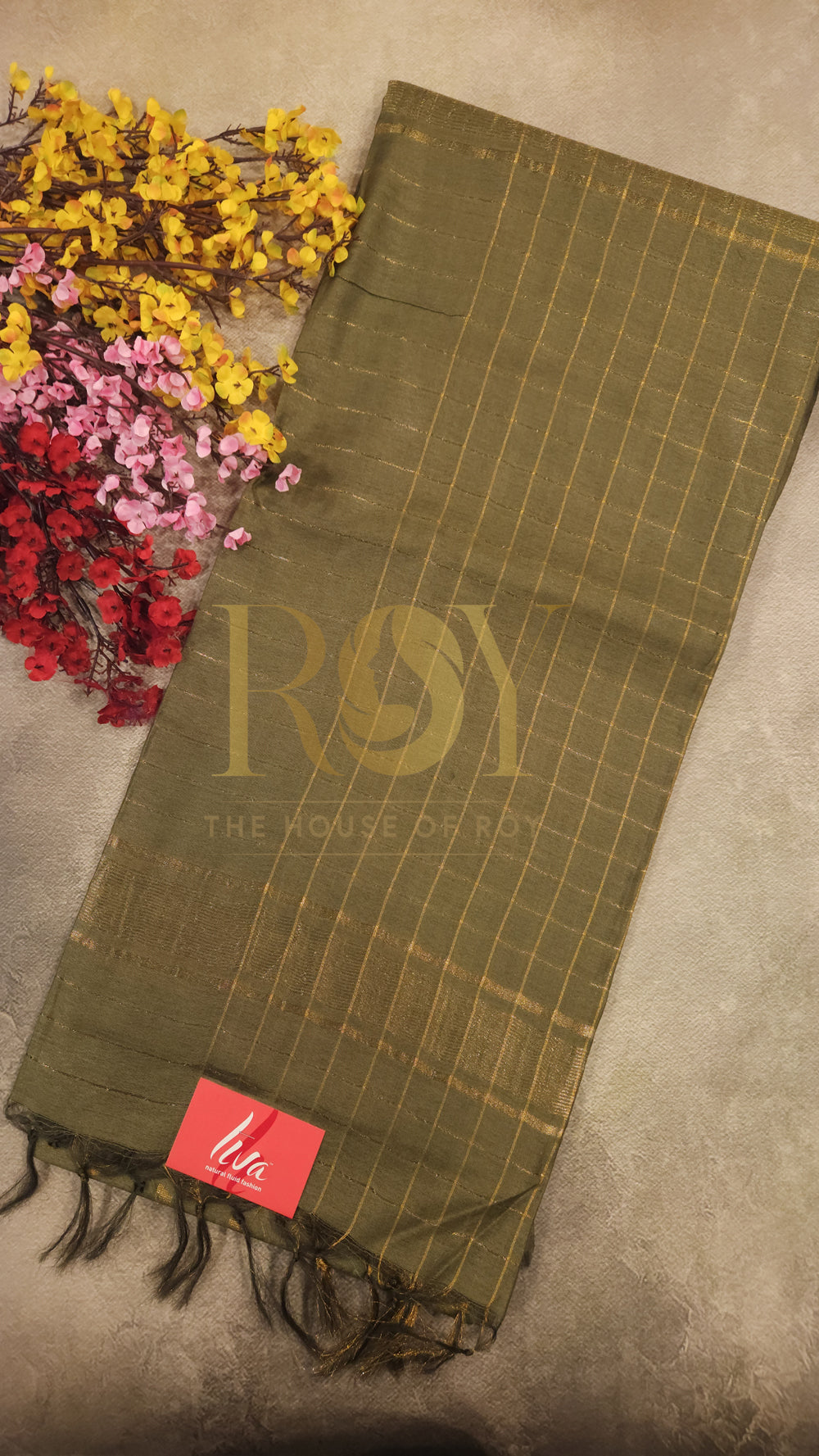 Olive green check Liva cotton Saree