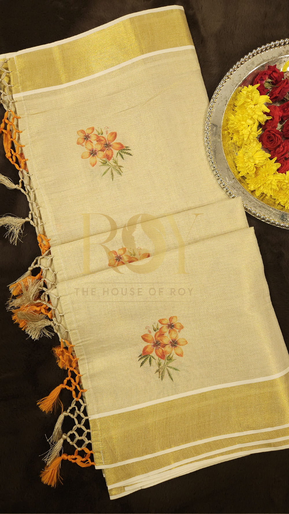 Orange Floral tissue silk kasavu saree