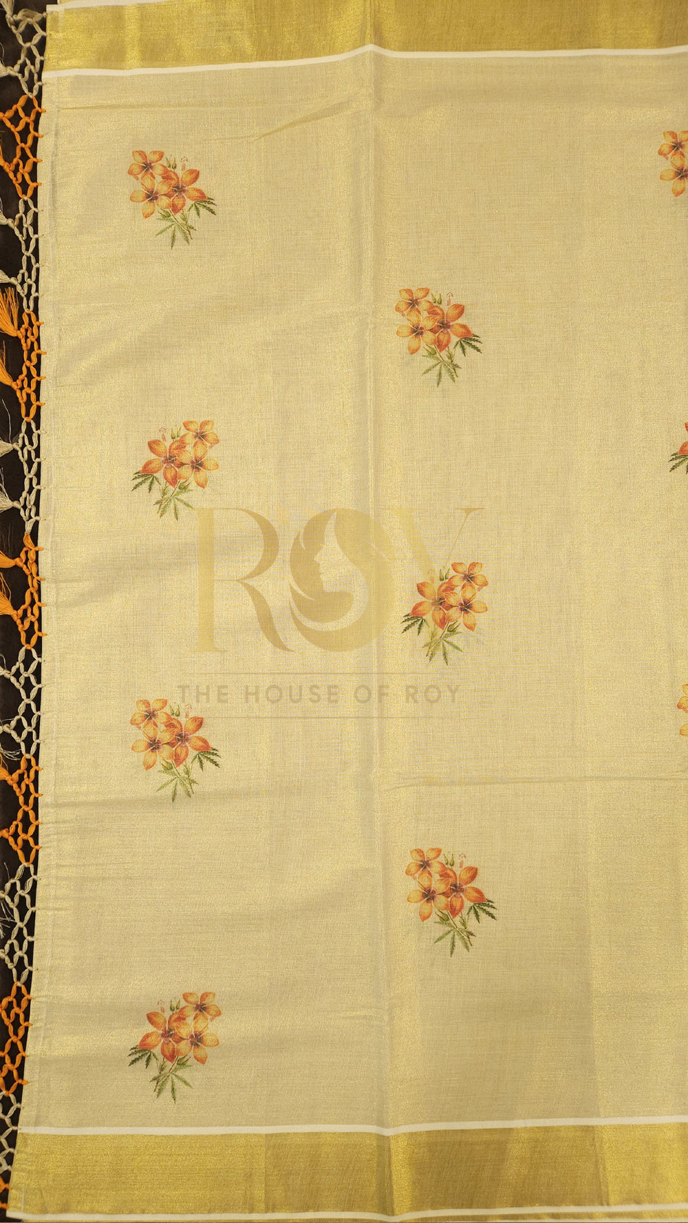 Orange Floral tissue silk kasavu saree