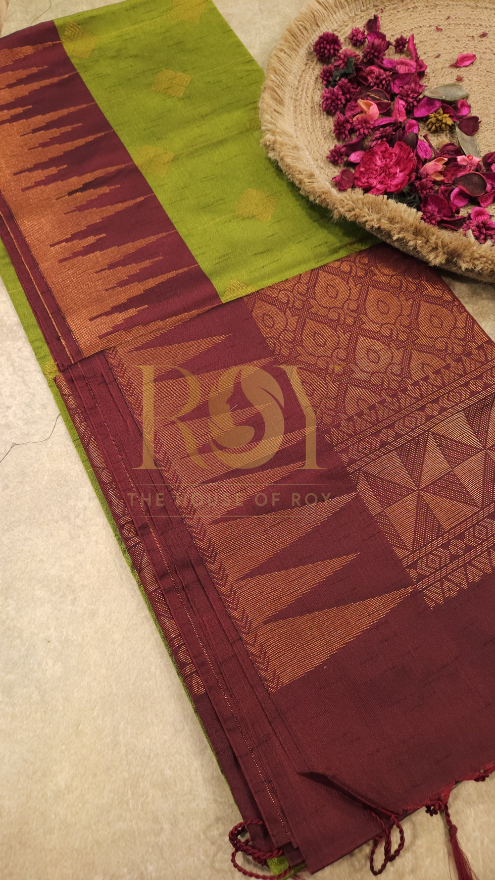 Parrot green with maroon copper zari slub silk