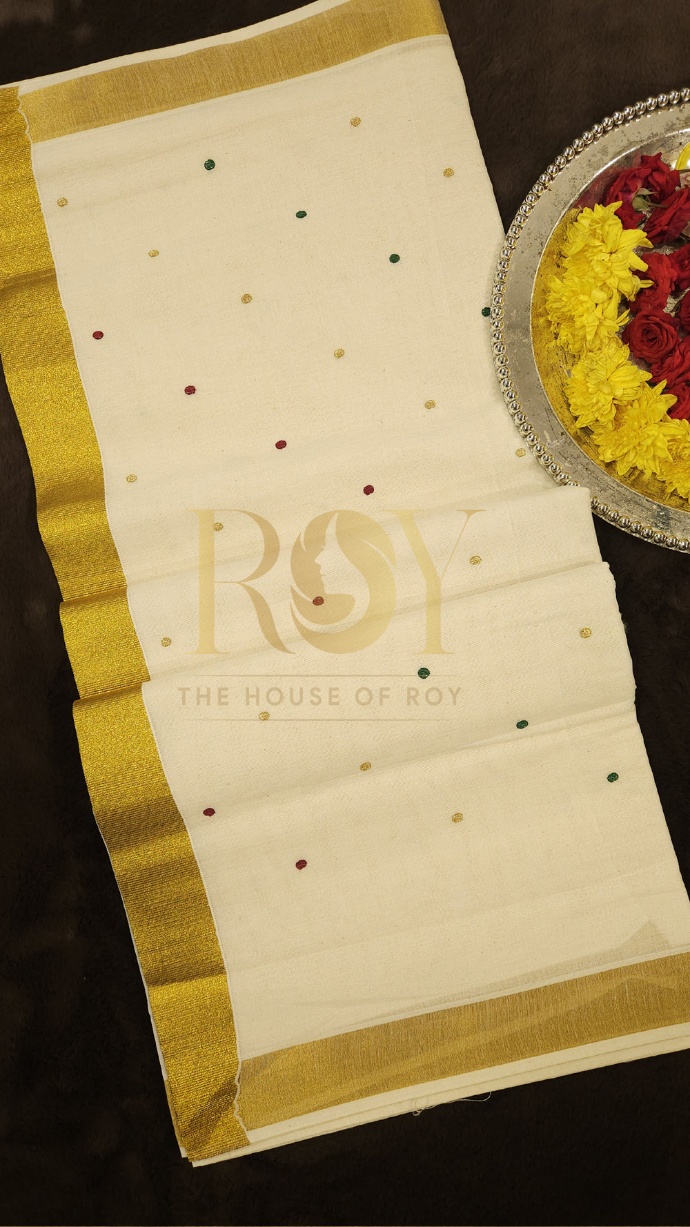 Polka dot embroidery Kerala Kasavu saree