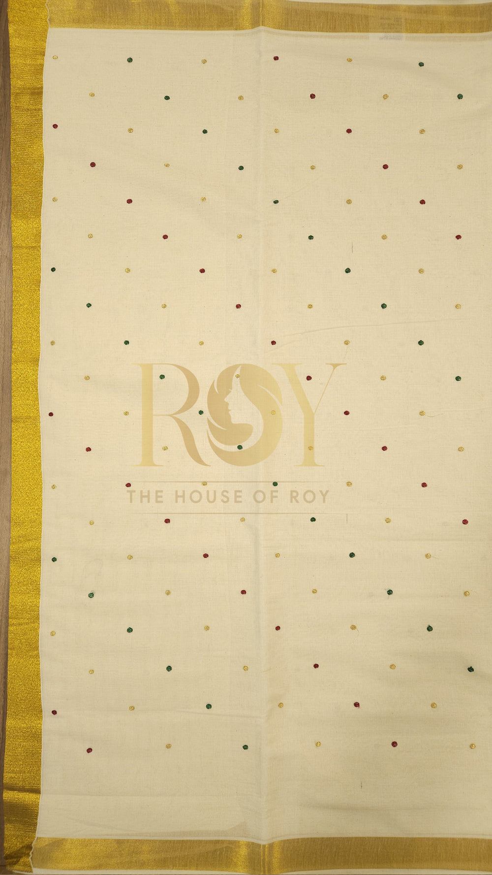 Polka dot embroidery Kerala Kasavu saree