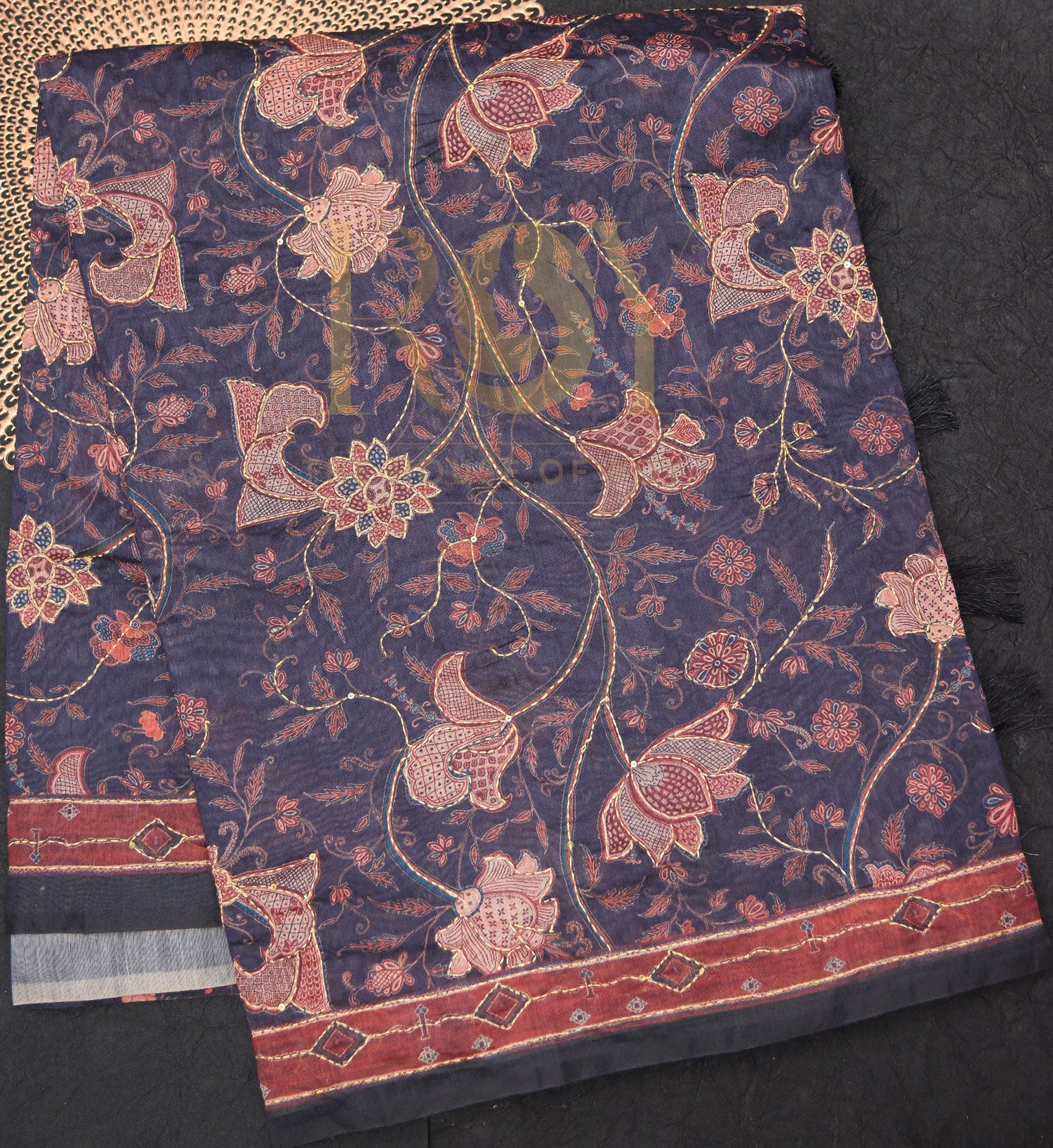 Katha Embroidery navy blue floral saree