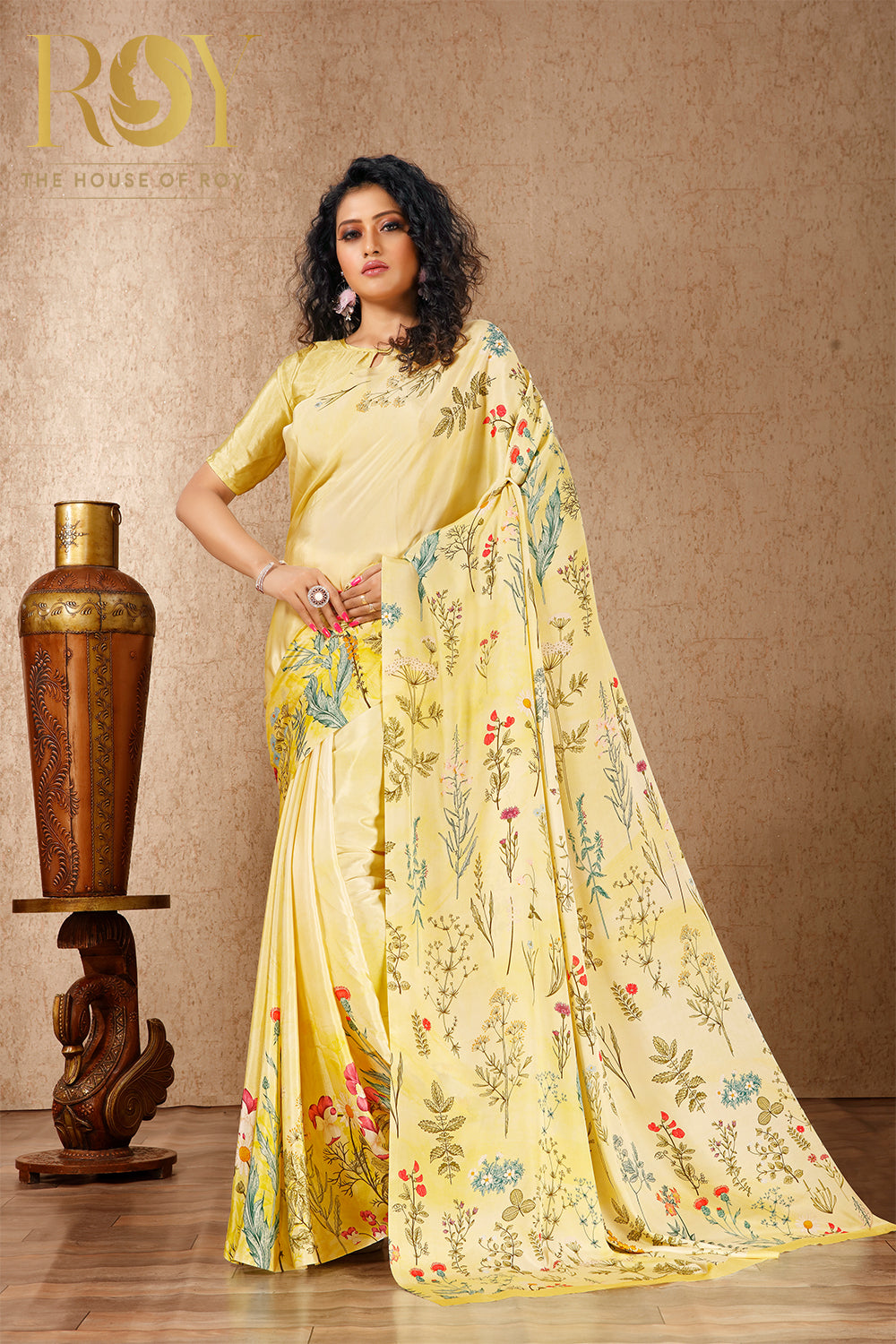 Printed Multicolor Soft Crepe Saree In Yellow Colour