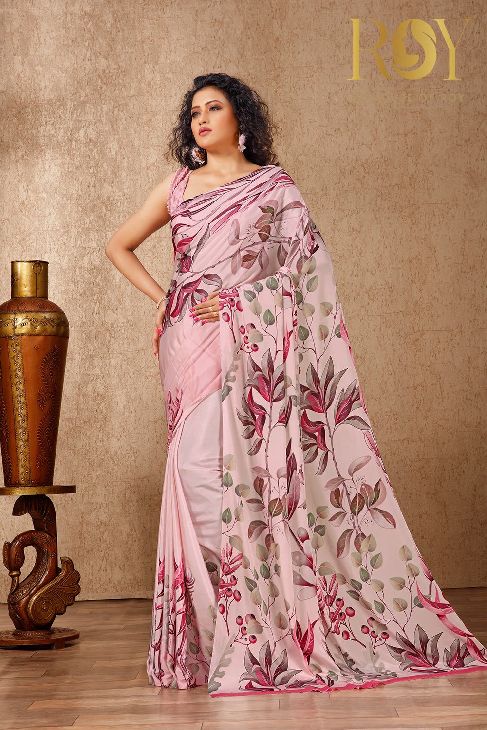 Printed Multicolor Soft Crepe Saree in Pink Colour