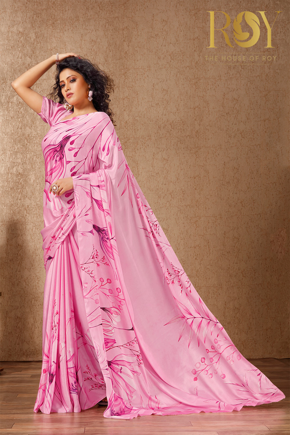 Printed Multicolor Soft Crepe Saree in Pink Colour