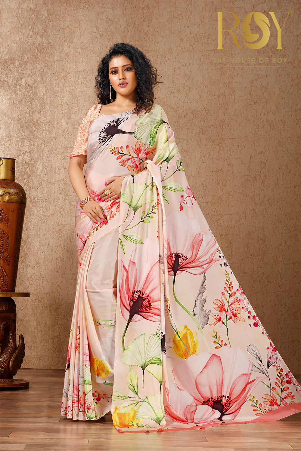 Printed Multicolor Soft Crepe Saree In Light Yellow 