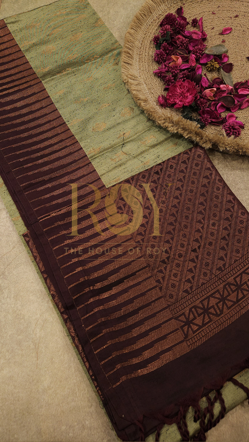 Tea green with coffee brown copper zari slub silk