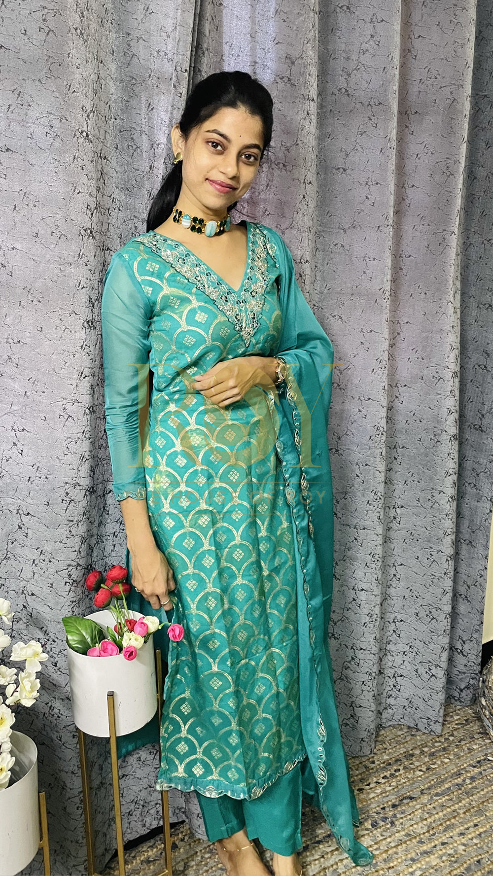 Teal blue banarasi chudi set