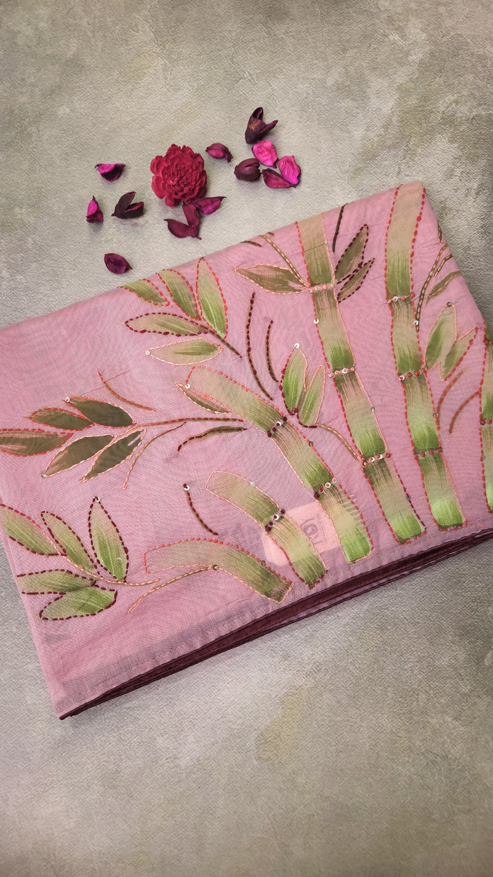 Unique Hand Embroidered Chandheri Silk Cotton Saree baby pink