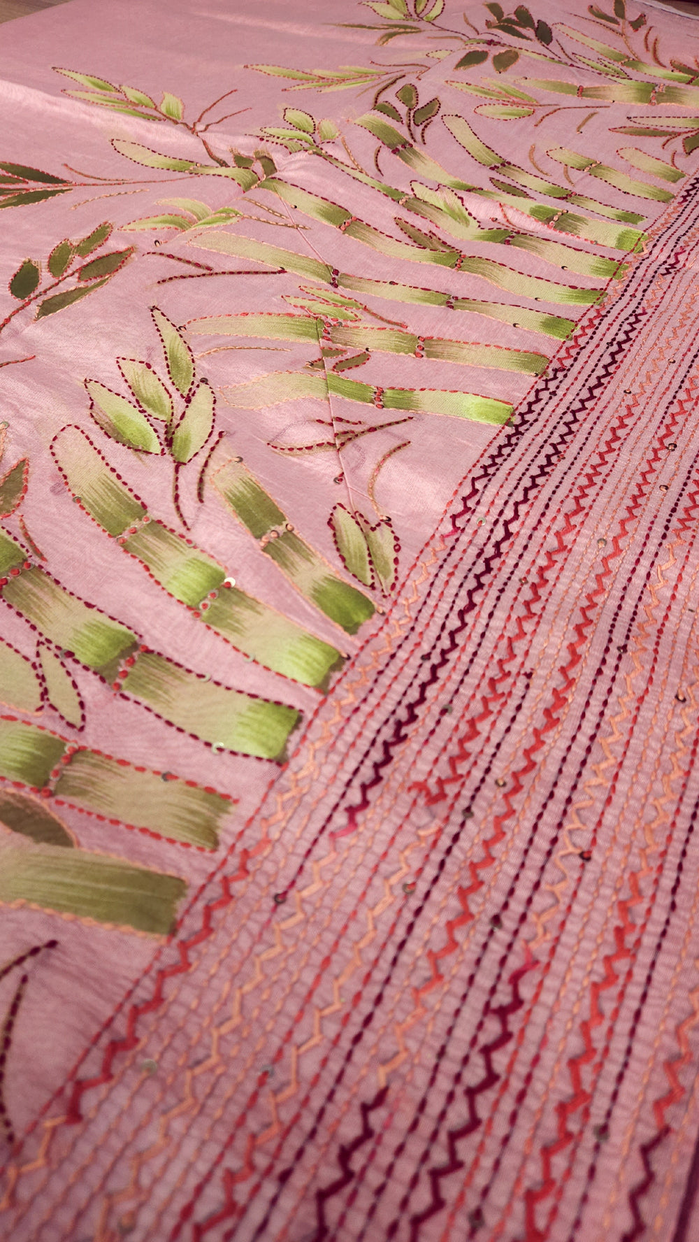 Unique Hand Embroidered Chandheri Silk Cotton Saree baby pink