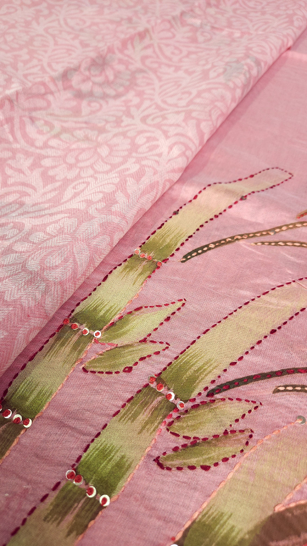 Unique Hand Embroidered Chandheri Silk Cotton Saree baby pink