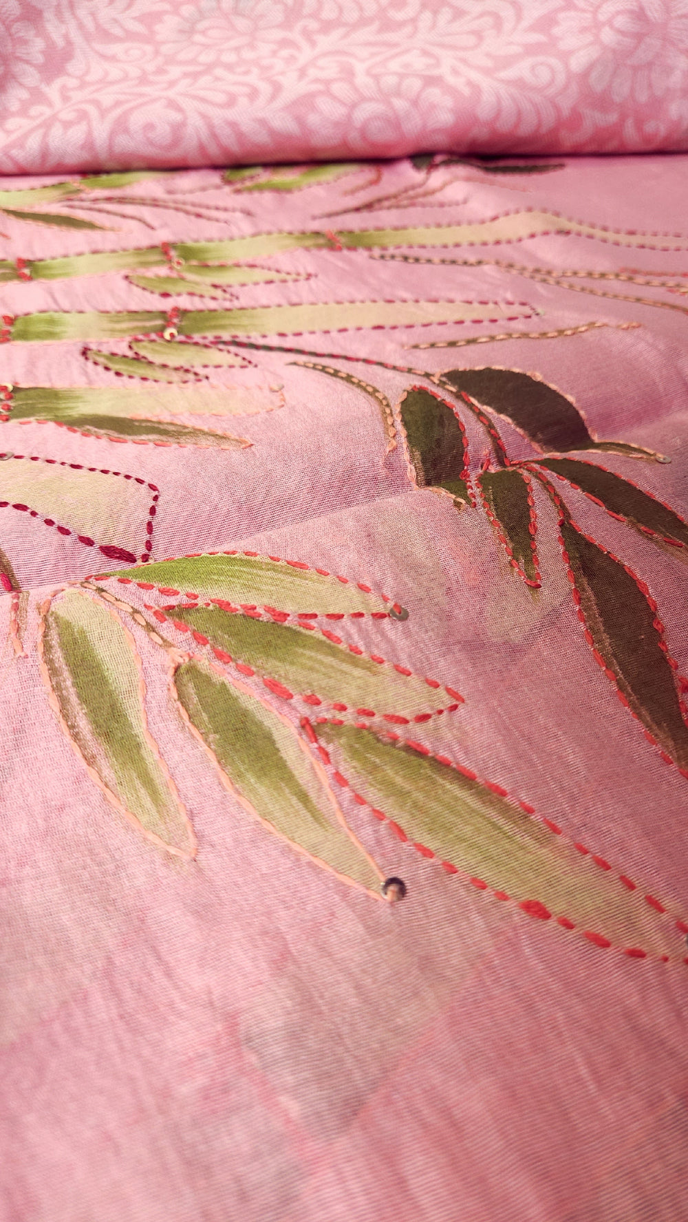 Unique Hand Embroidered Chandheri Silk Cotton Saree baby pink