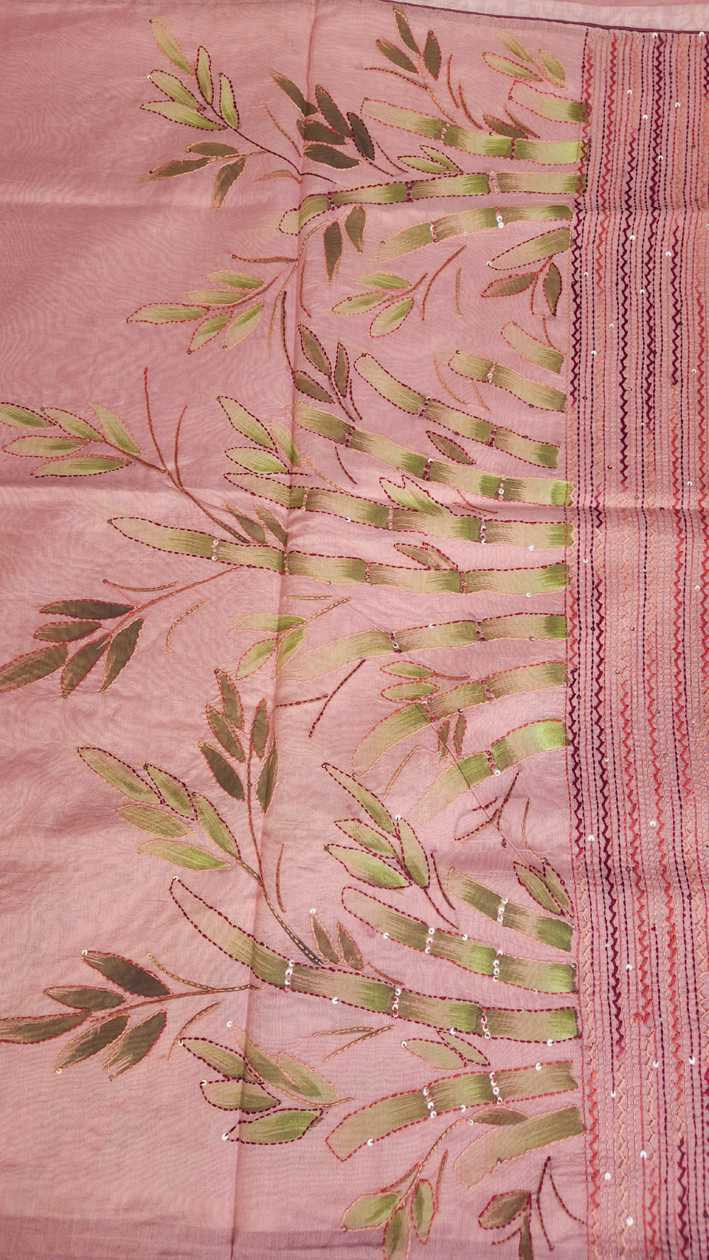 Unique Hand Embroidered Chandheri Silk Cotton Saree baby pink