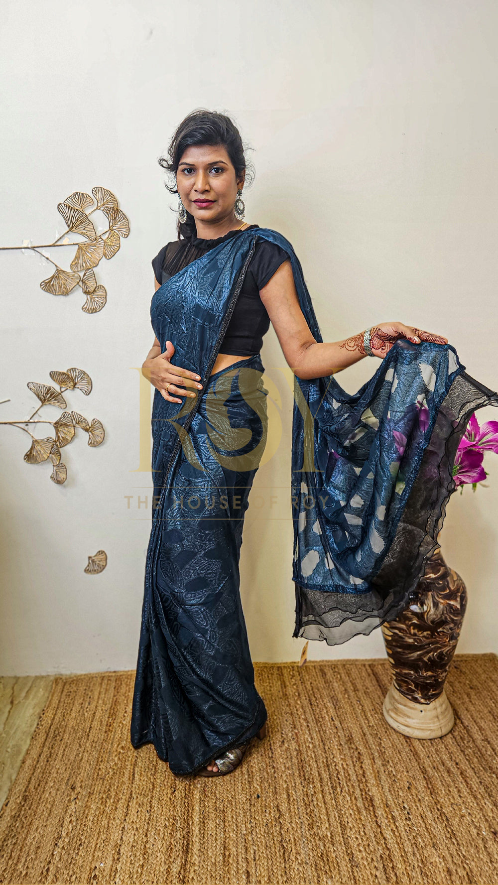 Dark peacock blue ready-to-wear designer saree