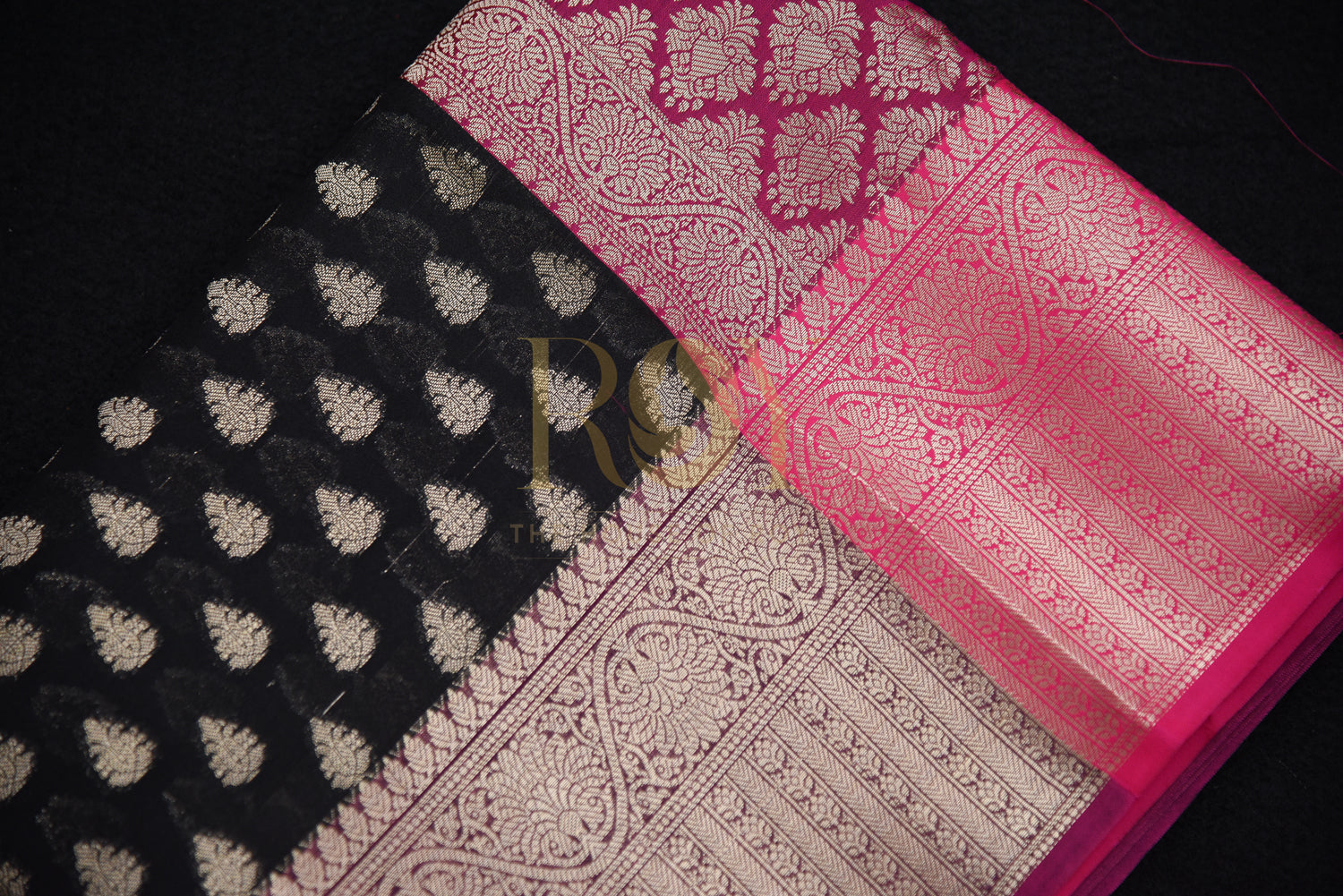 Banarasi Katan Silk Saree With Contrast Pallu black with pink