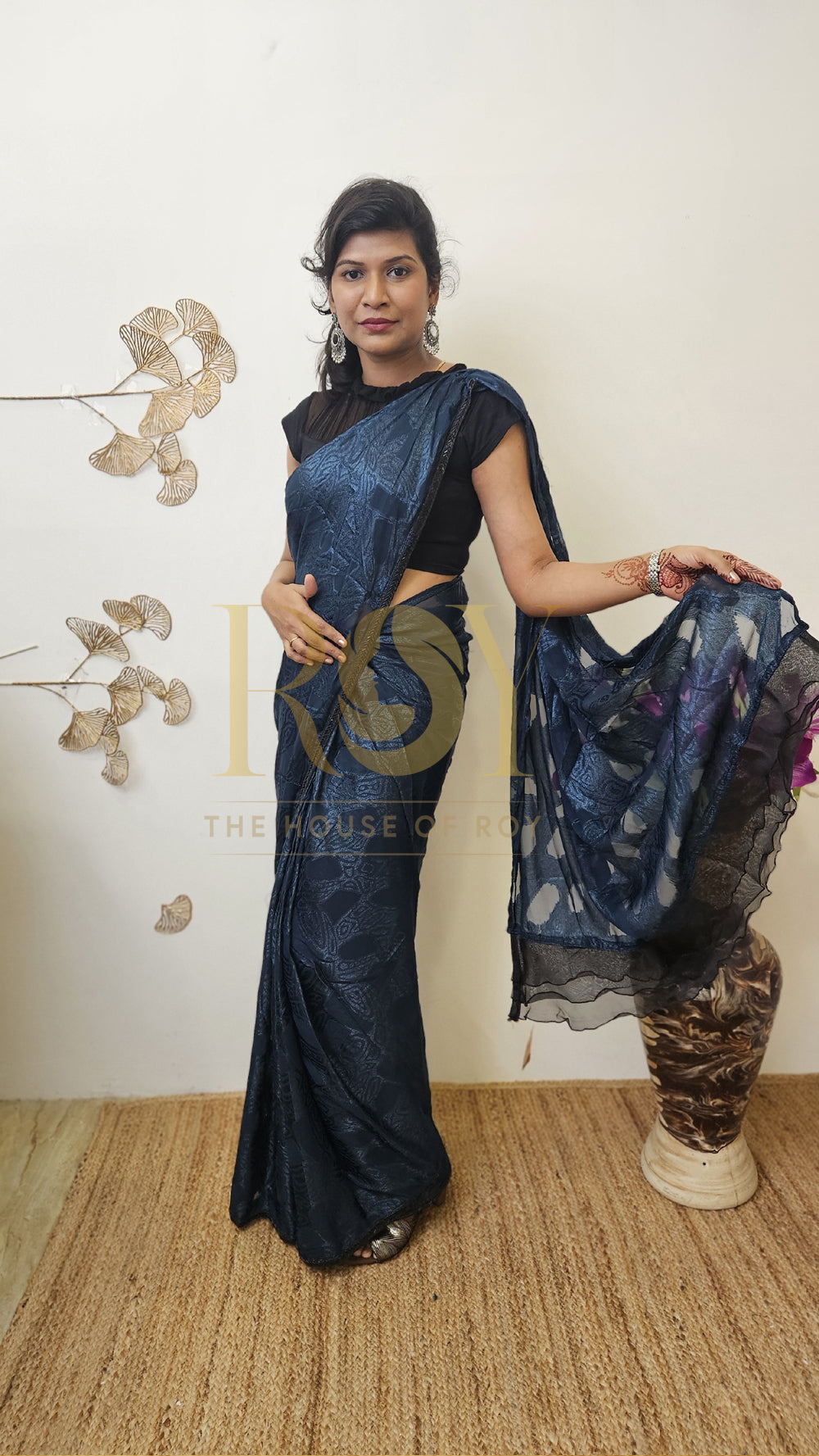 Dark peacock blue ready-to-wear designer saree