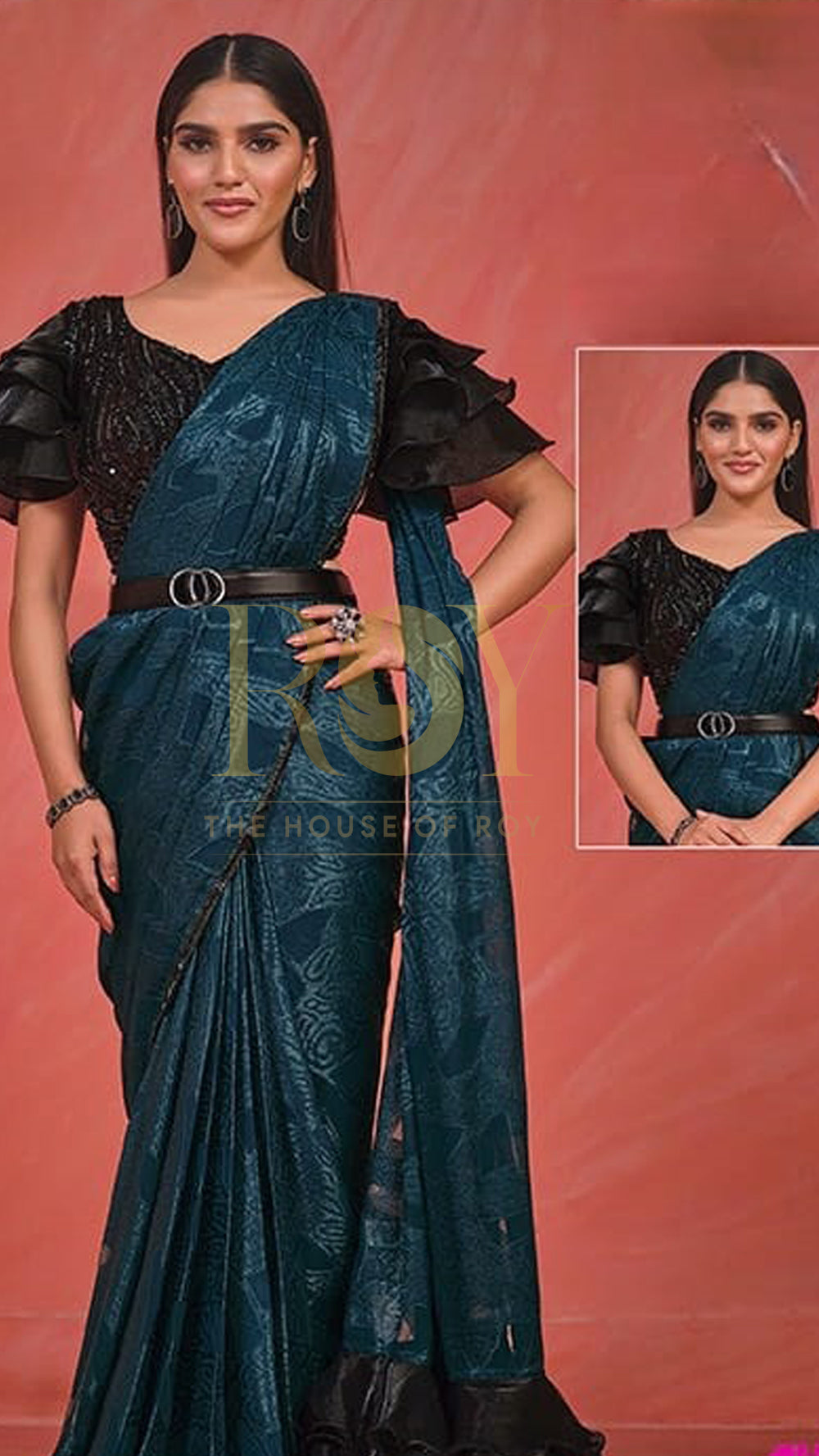 Dark peacock blue ready-to-wear designer saree