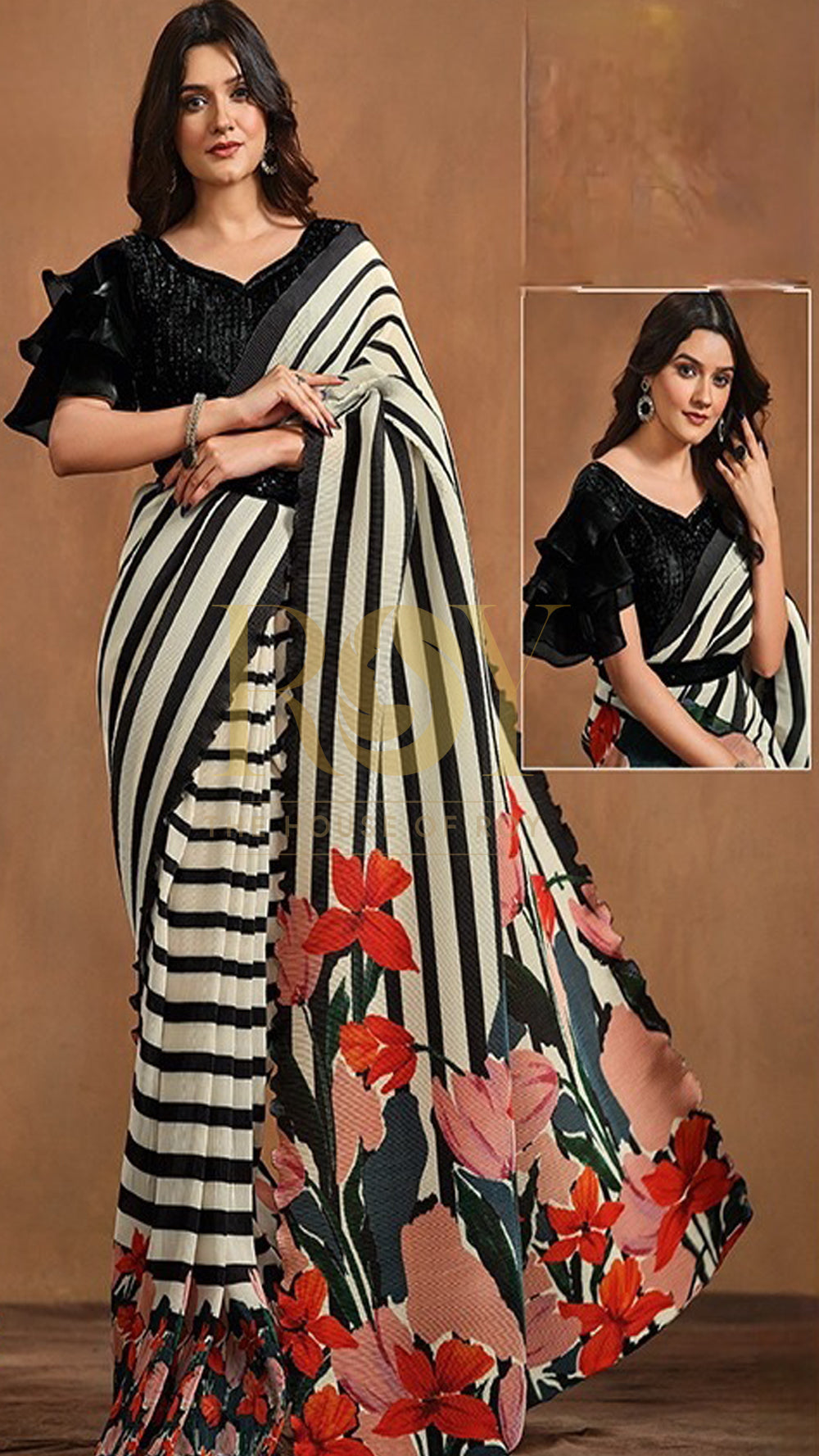 Black and white pre-draped designer saree