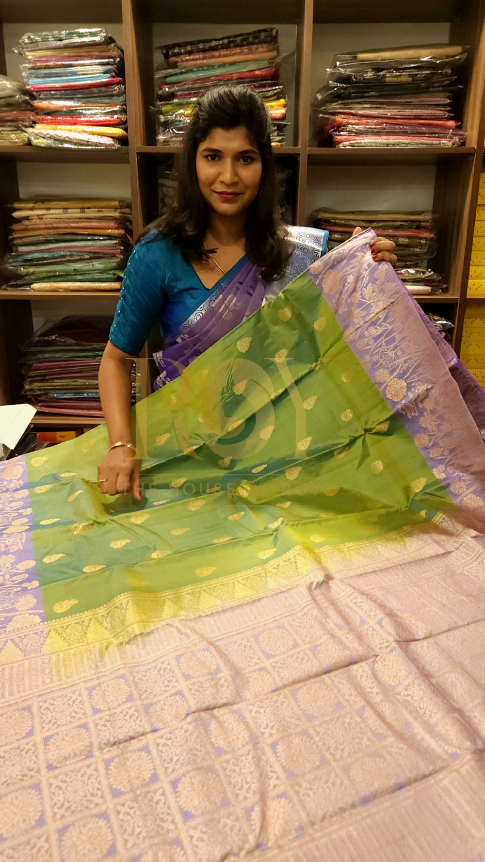 Light green pure silk saree with copper jari butta