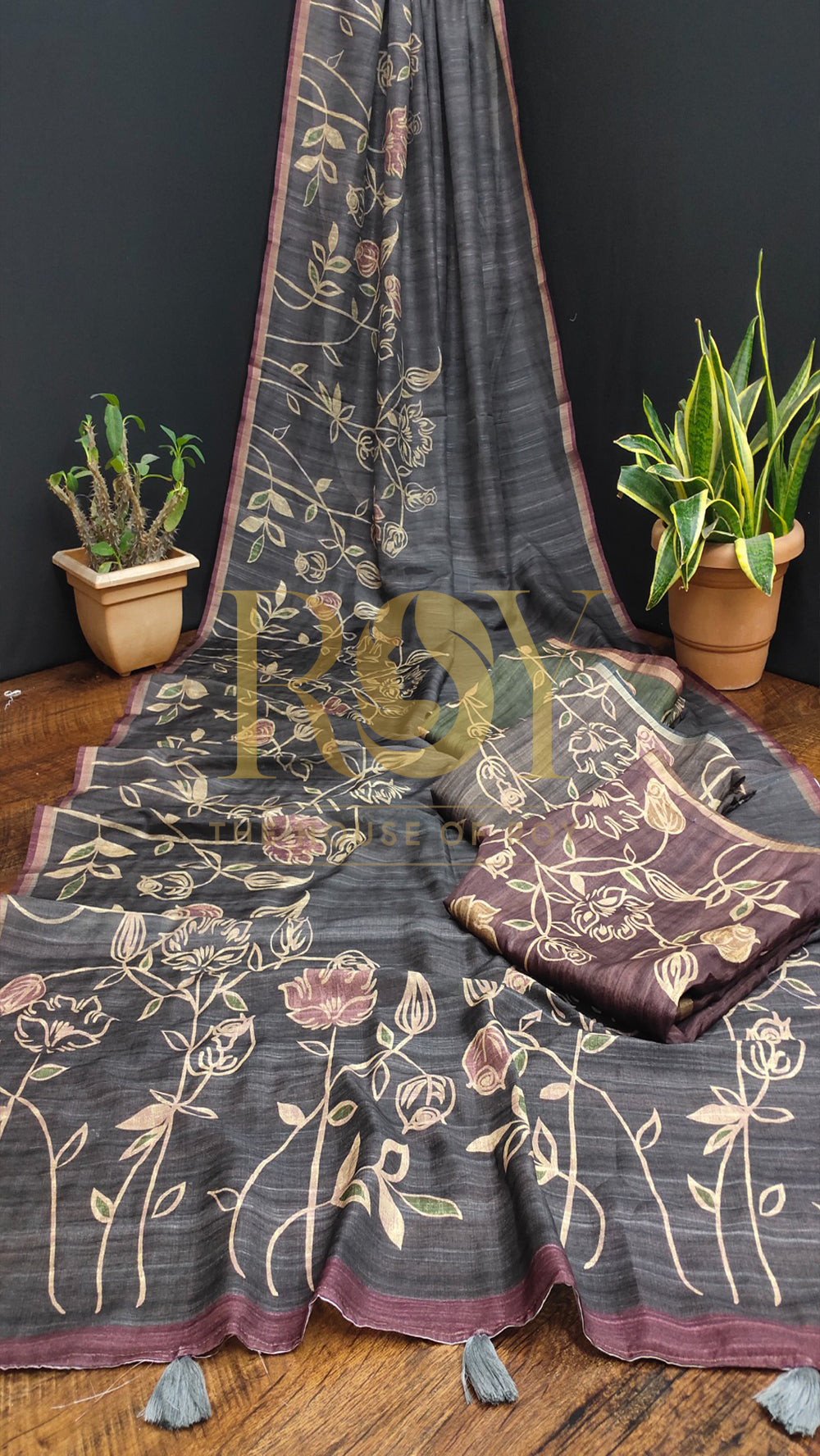 printed soft mix cotton saree in elephant grey colour