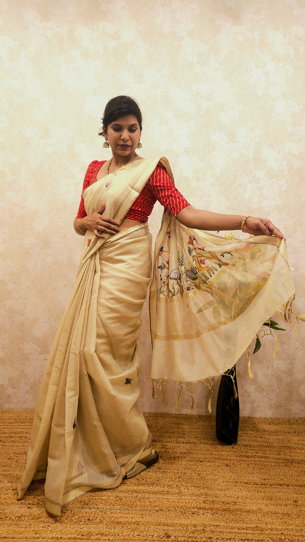 Embroidery saree golden beige