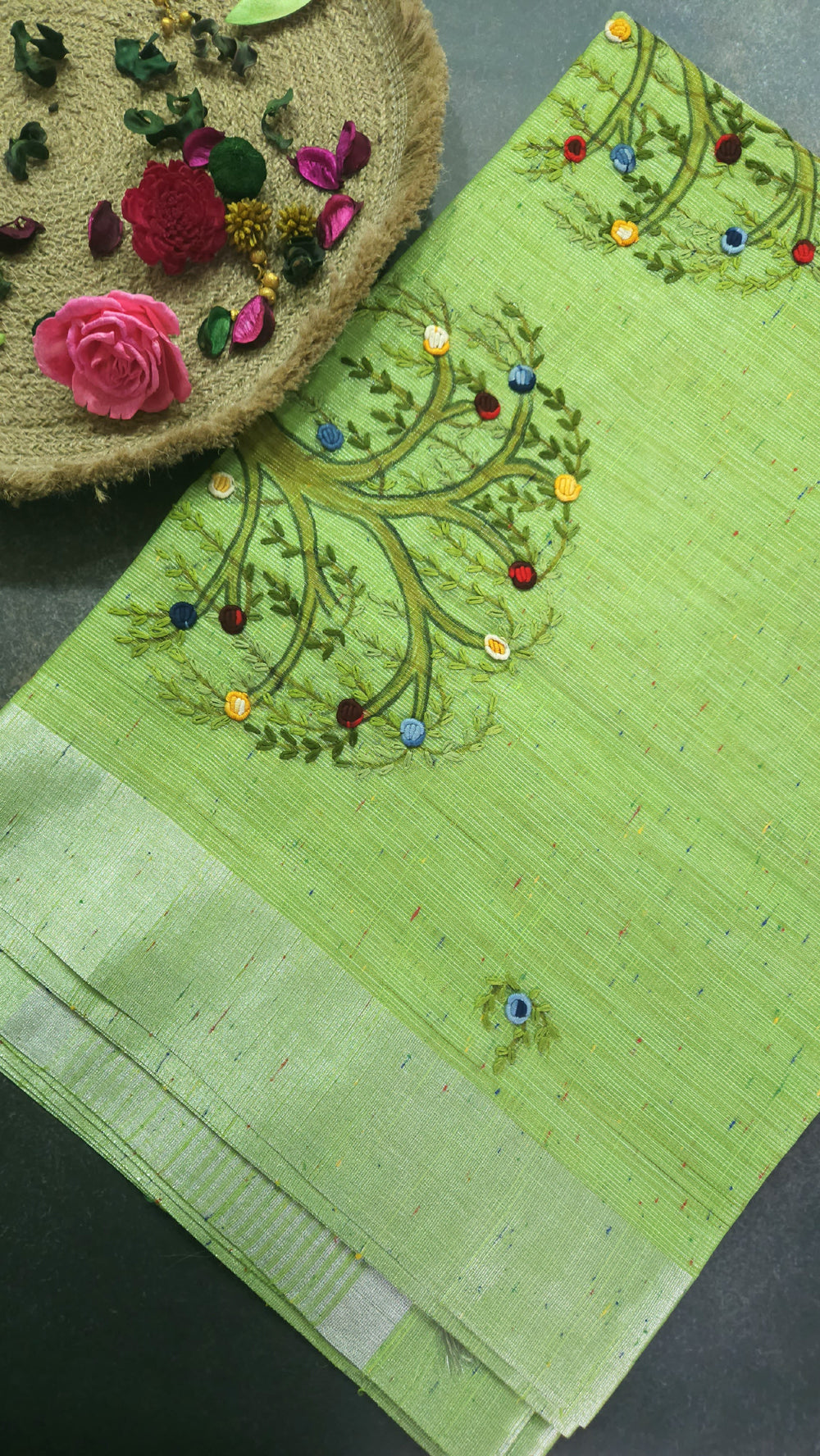 Embroidery saree bright green