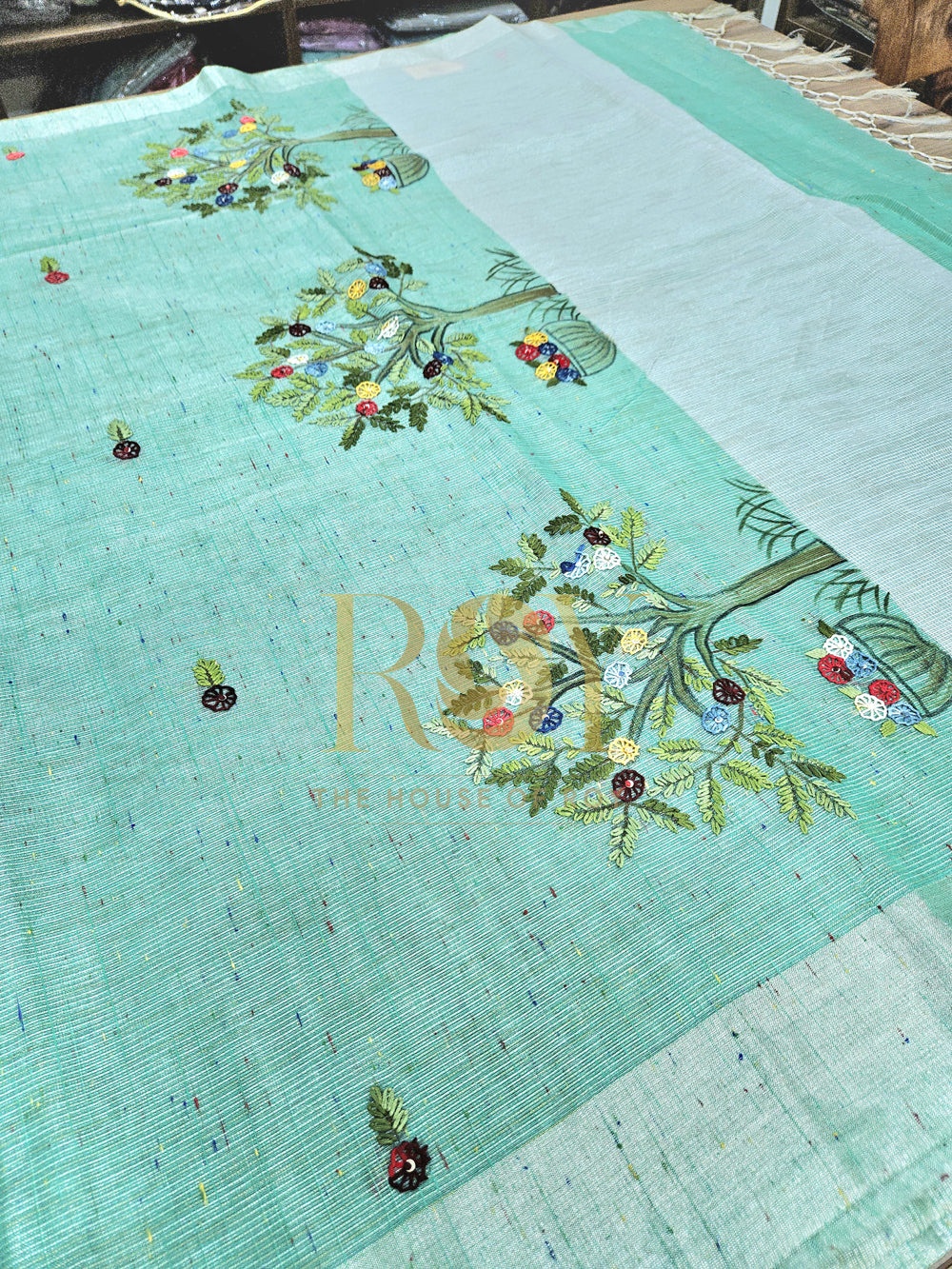 Embroidery saree Firozi green